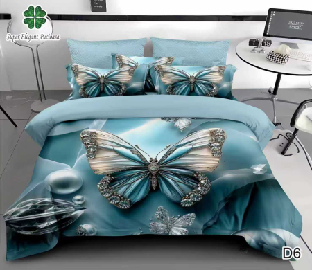 Cearceaf cu elastic 6 piese - Lenjerie de Pat Finet 6 Piese cu Elastic 5D - Fluturi Si Diamante