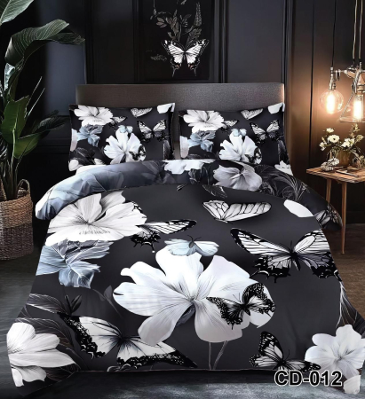 Bumbac Tip Finet 5D In Relief - Lenjerie De Pat Finet 6 Piese Cu Elastic 5D - Gri Antracit Cu Imprimeu Alb