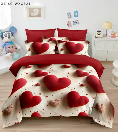 Bumbac Tip Finet 5D In Relief - Lenjerie De Pat Finet 6 Piese Cu Elastic 5D - Inimi Uriase