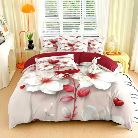 LENJERII DE PAT - Lenjerie de Pat Finet 6 Piese cu Elastic 5D - Inimioare si Flori