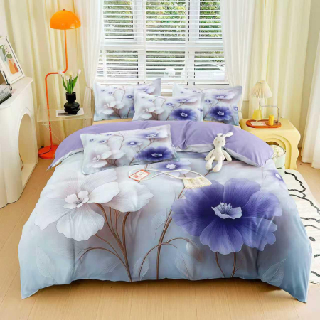 Cearceaf cu elastic 6 piese - Lenjerie de Pat Finet 6 Piese cu Elastic 5D - Lila Cu Flori Creponate