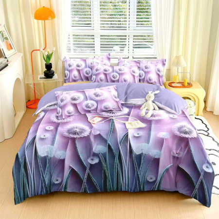 Cearceaf cu elastic 6 piese - Lenjerie de Pat Finet 6 Piese cu Elastic 5D - Lila Cu Papadii