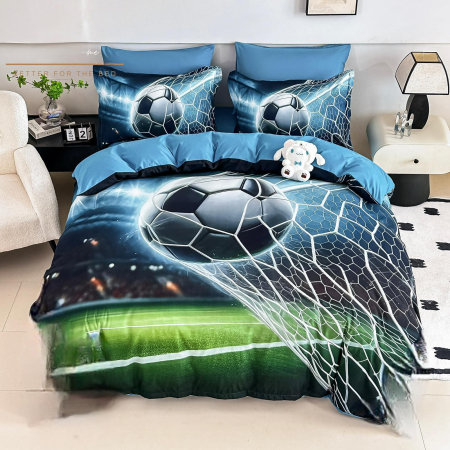 Bumbac Tip Finet 5D In Relief - Lenjerie De Pat Finet 6 Piese Cu Elastic 5D - Minge De Fotbal La Poarta