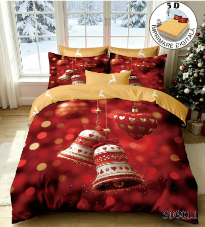 Finet Pat Dublu Cu Elastic - Crăciun - Lenjerie De Pat Finet 6 Piese Cu Elastic 5D Model Craciun - Clopotei Festivi Si Inimioara Rosie