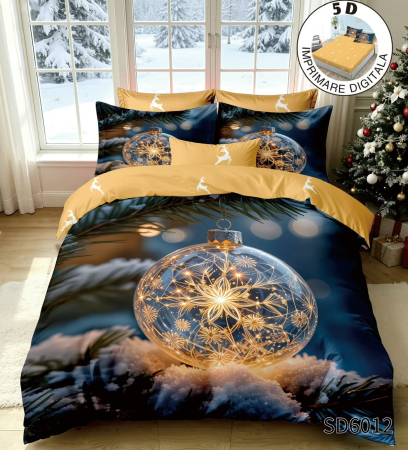 Finet Pat Dublu Cu Elastic - Crăciun - Lenjerie De Pat Finet 6 Piese Cu Elastic 5D Model Craciun - Glob Luminos