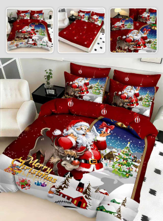 Cearceaf normal - Lenjerie De Pat Finet 6 Piese Cu Elastic 5D Model Craciun - Merry Christmas