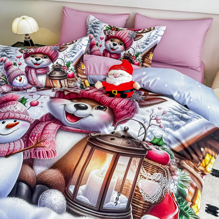 Lenjerie De Pat Finet 6 Piese Cu Elastic 5D Model Craciun - Roz Cu Ren [2]