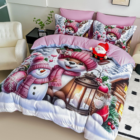 Lenjerie De Pat Finet 6 Piese Cu Elastic 5D Model Craciun - Roz Cu Ren [3]