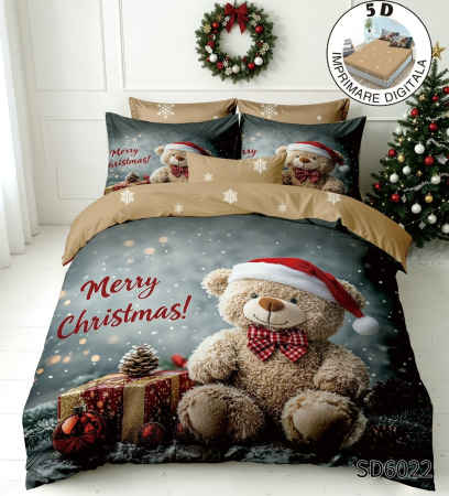 Finet Pat Dublu Cu Elastic - Crăciun - Lenjerie De Pat Finet 6 Piese Cu Elastic 5D Model Craciun - Ursulet Festiv