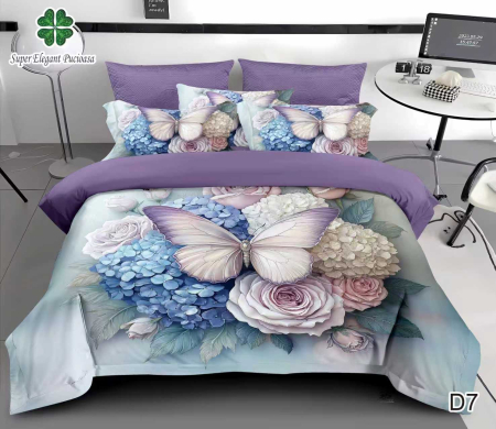 Cearceaf cu elastic 6 piese - Lenjerie de Pat Finet 6 Piese cu Elastic 5D - Mov Cu Flori Si Fluturi