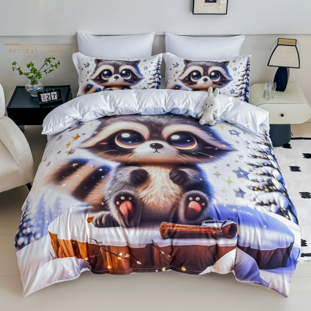 Cearceaf cu elastic 6 piese - Lenjerie De Pat Finet 6 Piese Cu Elastic 5D - Ratonul Dragalas Pe Zapada