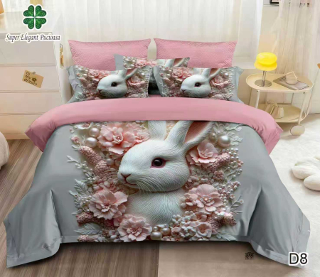 Cearceaf cu elastic - Lenjerie de Pat Finet 6 Piese cu Elastic 5D - Roz Pudrat Cu Iepurasul Elegant