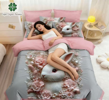 Lenjerie de Pat Finet 6 Piese cu Elastic 5D - Roz Pudrat Cu Iepurasul Elegant [1]
