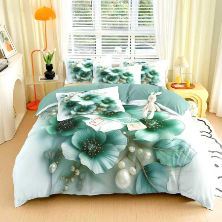 LENJERII DE PAT - Lenjerie de Pat Finet 6 Piese cu Elastic 5D - Turcoaz cu Flori