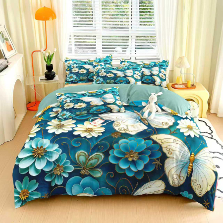 LENJERII DE PAT - Lenjerie de Pat Finet 6 Piese cu Elastic 5D - Turcoaz cu Fluturi Eleganti