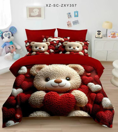 Bumbac Tip Finet 5D In Relief - Lenjerie De Pat Finet 6 Piese Cu Elastic 5D - Ursuletul Indragostit