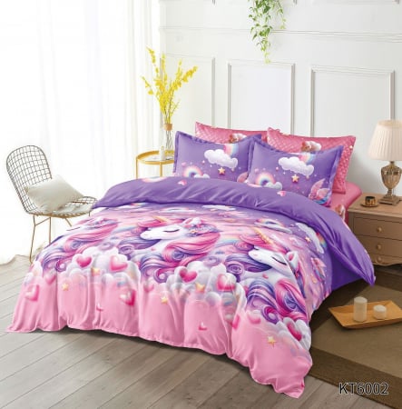 Cearceaf cu elastic - Lenjerie De Pat Finet 6 Piese Cu Elastic Imprimeu Animat - Unicorn Si Inimioare