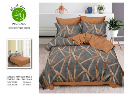 Bumbac Tip Finet 6 Piese - Lenjerie De Pat Finet  -  Abstract Maro-Gri
