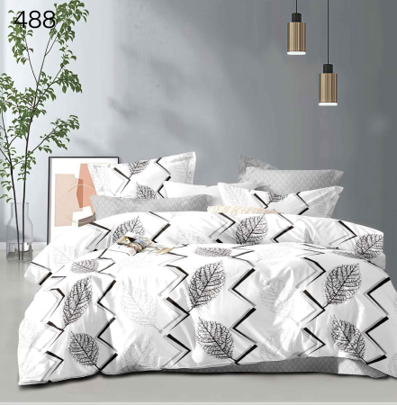Bumbac Tip Finet 6 Piese - Lenjerie De Pat Finet - Alb Cu Frunze Negre Imprimate