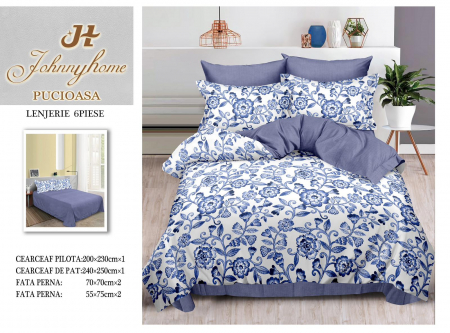 Bumbac Tip Finet 6 Piese - Lenjerie De Pat Finet - Albastru Floral