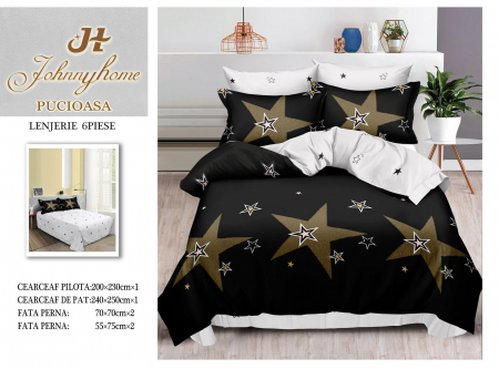 Bumbac Tip Finet 6 Piese - Lenjerie De Pat Finet - Black/Stars