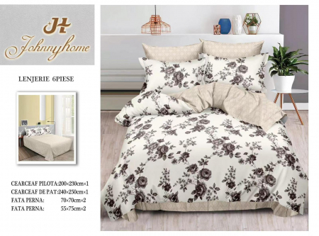 Bumbac Tip Finet 6 Piese - Lenjerie De Pat Finet - Crem Cu Floricele