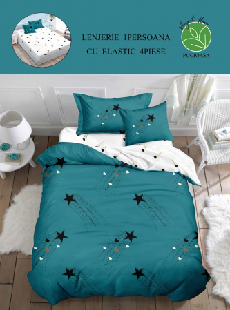 Lenjerii Bumbac Tip Finet - 1 Persoana - Lenjerie De Pat Finet Cu Elastic 1 Persoana - Albastra Cu Stelute
