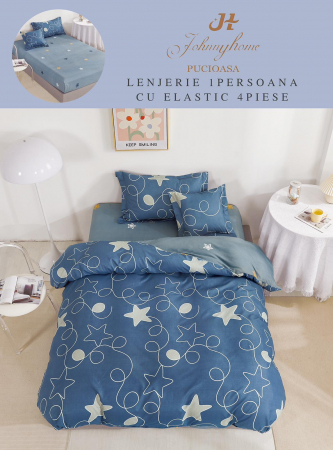 Lenjerii Bumbac Tip Finet - 1 Persoana - Lenjerie De Pat Finet Cu Elastic 1 Persoana - Bleu Cu Stelute
