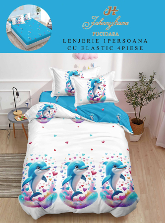 LENJERII 1 PERSOANA - Lenjerie De Pat Finet Cu Elastic 1 Persoana - Delfini Si Inimiare Colorate