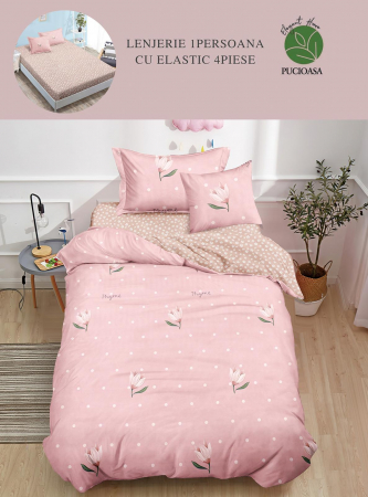 Lenjerii Bumbac Tip Finet - 1 Persoana - Lenjerie De Pat Finet Cu Elastic 1 Persoana - Floricele Roz