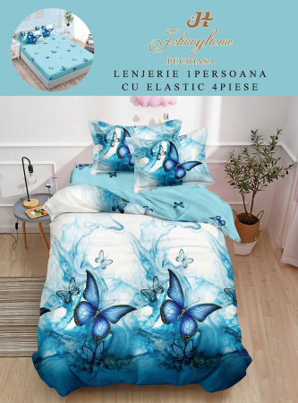 Lenjerii Bumbac Tip Finet - 1 Persoana - Lenjerie De Pat Finet Cu Elastic 1 Persoana - Fluturasi Turcoaz