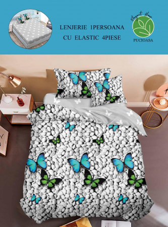 Lenjerii Bumbac Tip Finet - 1 Persoana - Lenjerie De Pat Finet Cu Elastic 1 Persoana - Fluturi