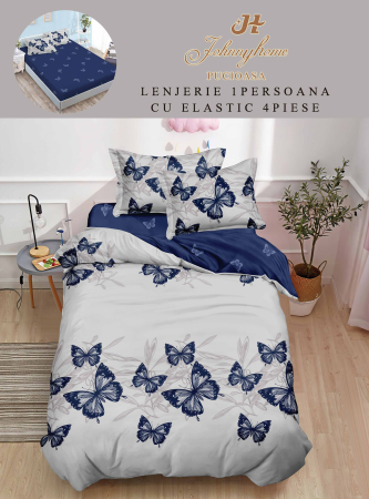 Lenjerii Bumbac Tip Finet - 1 Persoana - Lenjerie De Pat Finet Cu Elastic 1 Persoana - Fluturi Albastri