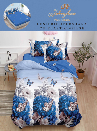Lenjerii Bumbac Tip Finet - 1 Persoana - Lenjerie De Pat Finet Cu Elastic 1 Persoana - Fluturi Si Flori Albastre