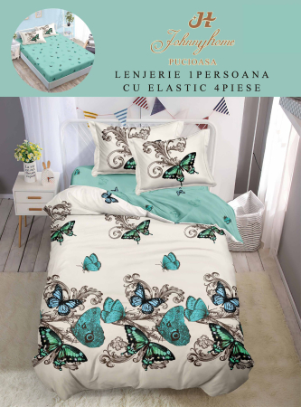 Lenjerii Bumbac Tip Finet - 1 Persoana - Lenjerie De Pat Finet Cu Elastic 1 Persoana - Fluturi Turcoaz