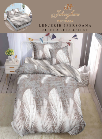 Lenjerii Bumbac Tip Finet - 1 Persoana - Lenjerie De Pat Finet Cu Elastic 1 Persoana - Gri Cu Pene