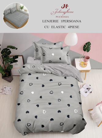 LENJERII 1 PERSOANA - Lenjerie De Pat Finet Cu Elastic 1 Persoana - Gri Inimioare
