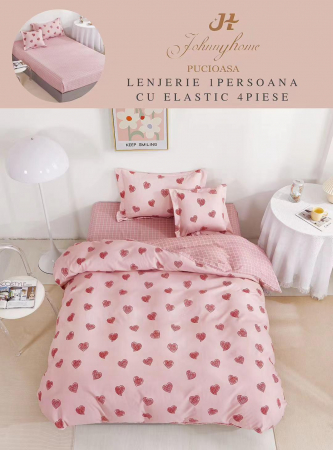 LENJERII 1 PERSOANA - Lenjerie De Pat Finet Cu Elastic 1 Persoana - Inimioare Desenate