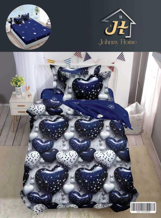 LENJERII 1 PERSOANA - Lenjerie De Pat Finet Cu Elastic 1 Persoana - Inimioare Glazurate Bleumarin