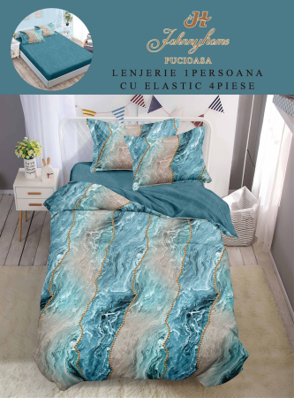 Lenjerii Bumbac Tip Finet - 1 Persoana - Lenjerie De Pat Finet Cu Elastic 1 Persoana - Marmura Turcoaz