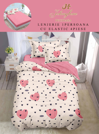 Lenjerii Bumbac Tip Finet - 1 Persoana - Lenjerie De Pat Finet Cu Elastic 1 Persoana - Roz Cu Inimioare Si Fundite