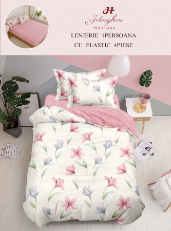 LENJERII 1 PERSOANA - Lenjerie De Pat Finet Cu Elastic 1 Persoana - Roz Cu Magnolii