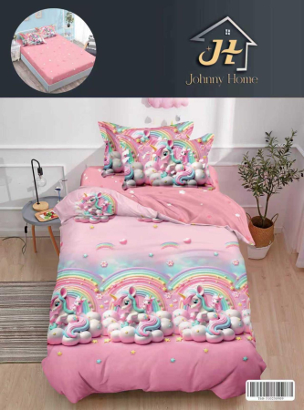 LENJERII 1 PERSOANA - Lenjerie De Pat Finet Cu Elastic 1 Persoana - Roz Cu Unicorni Pe Norisori