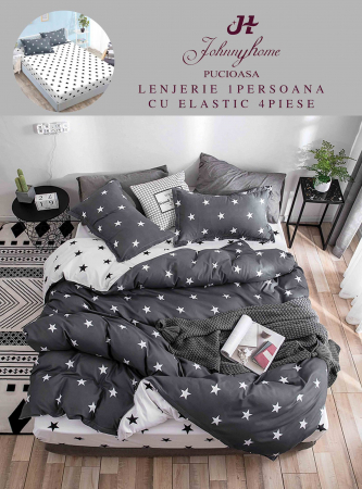 LENJERII 1 PERSOANA - Lenjerie De Pat Finet Cu Elastic 1 Persoana - Stelute Alb Si Negru