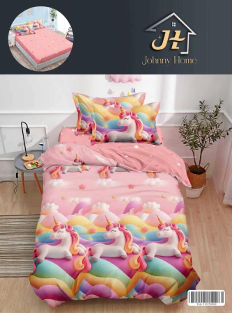 LENJERII 1 PERSOANA - Lenjerie De Pat Finet Cu Elastic 1 Persoana - Unicorni Roz Fericiti 