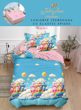Lenjerii Bumbac Tip Finet - 1 Persoana - Lenjerie De Pat Finet Cu Elastic 1 Persoana - Ursuleti Curcubeu