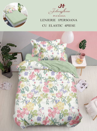 LENJERII 1 PERSOANA - Lenjerie De Pat Finet Cu Elastic 1 Persoana - Verde Cu Flori