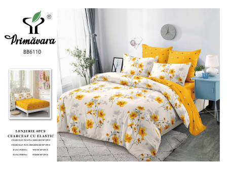 Bumbac Tip Finet - Lenjerie De Pat Finet Cu Elastic - Alb Cu Flori Mustar