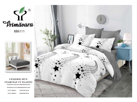 Bumbac Tip Finet - Lenjerie De Pat Finet Cu Elastic - Alb Si Gri Cu Stele Cazatoare