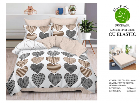 Bumbac Tip Finet Cu Elastic - Lenjerie De Pat Finet Cu Elastic - Inimi Desenate